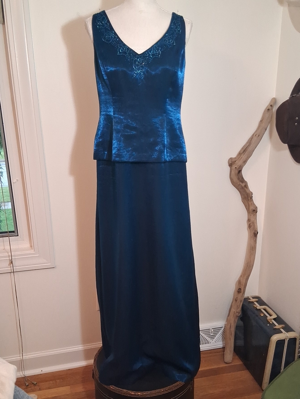 Alex Evenings Teal Iridescent Satin Embellished V-Neck Maxi Dress